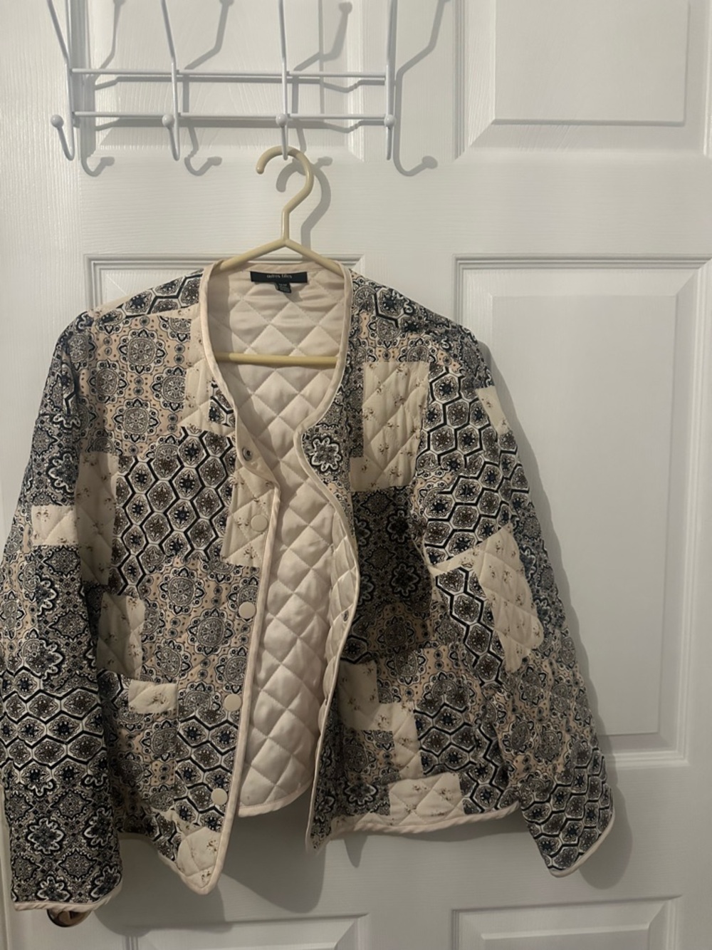 Quilted Patchwork Puffer Jacket in Cream & Black - Women's